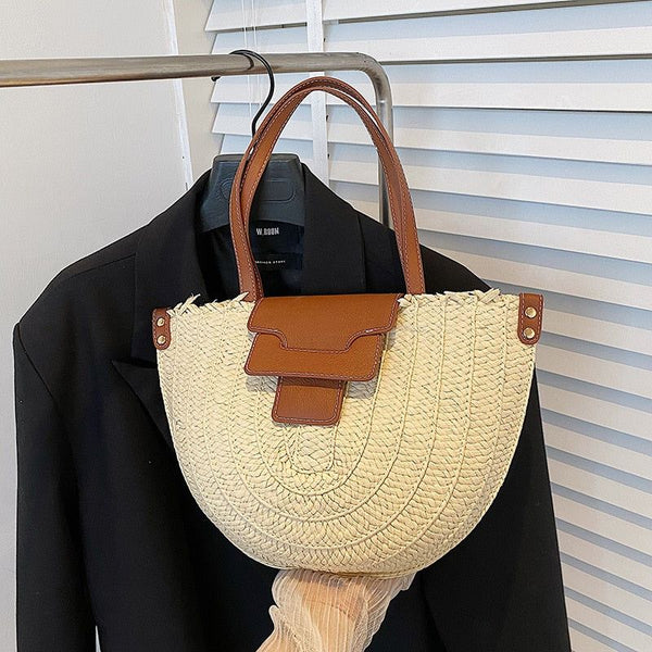 Summer Semi-circular Straw Holiday Beach Bag Hand-Woven Rattan Crossbody - Frimunt Clothing Co.
