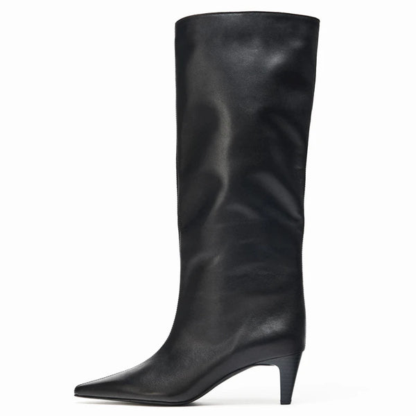 Women's Cow Genuine Leather High Heels Knee High Pointed Toe Winter Boots - Frimunt Clothing Co.