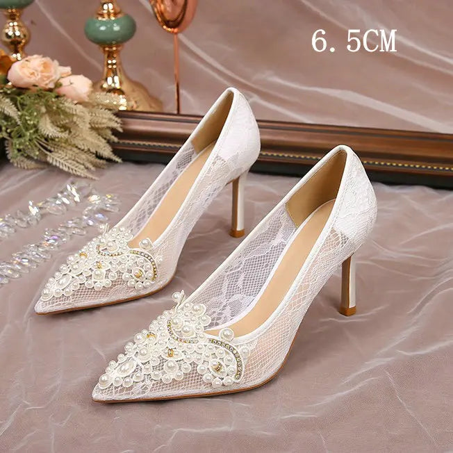 French Lace Wedding High Heels Pearls Bride Shoes - Frimunt Clothing Co.