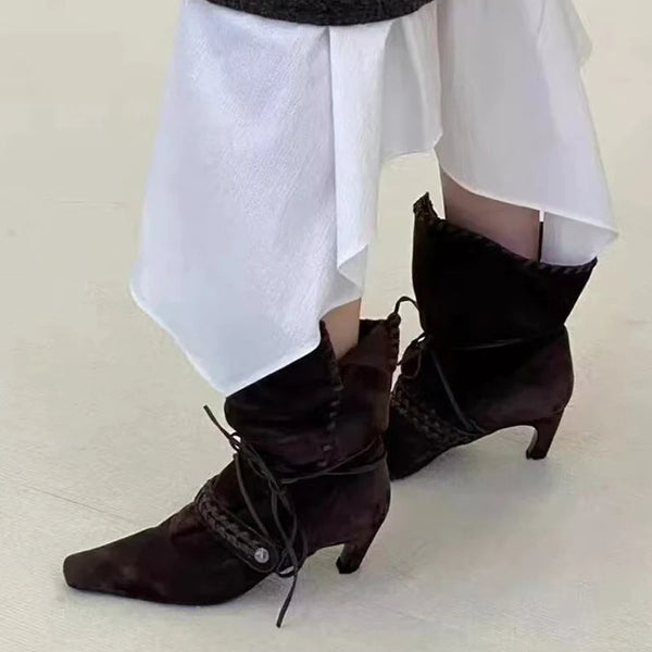 Autumn Winter Brown Suede Weave Lace-up Women Pleated Ankle Boots