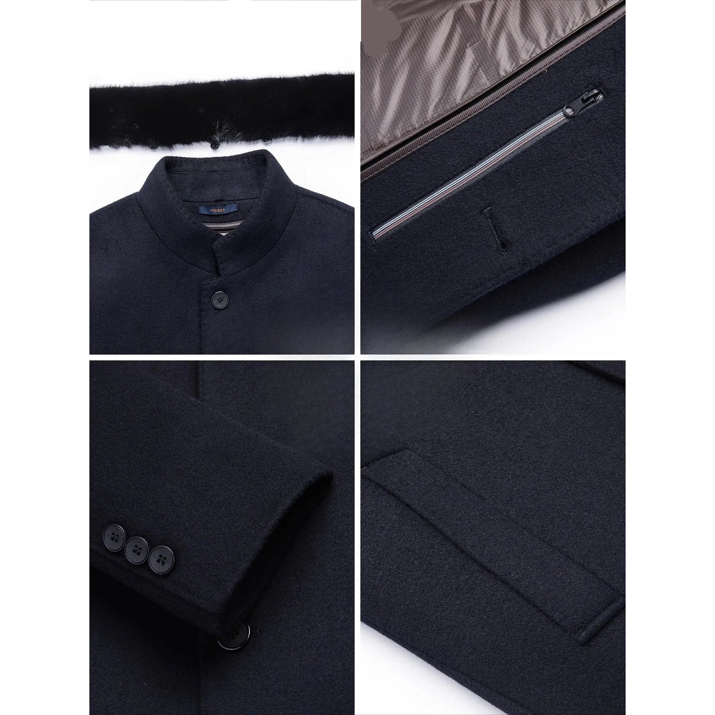 Close up details of black coat, neck, sleeve buttons, inner zippered pocket, outer reinforced pocket, on a white background