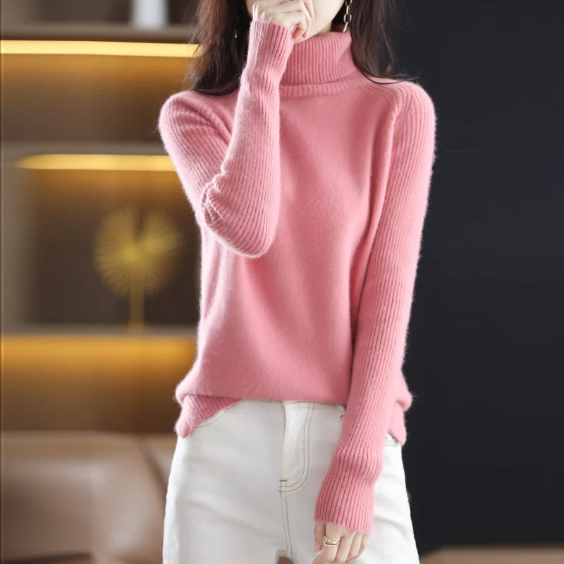 Women's Sweater 100% Mink Cashmere High Neck Knitted Soft Warm