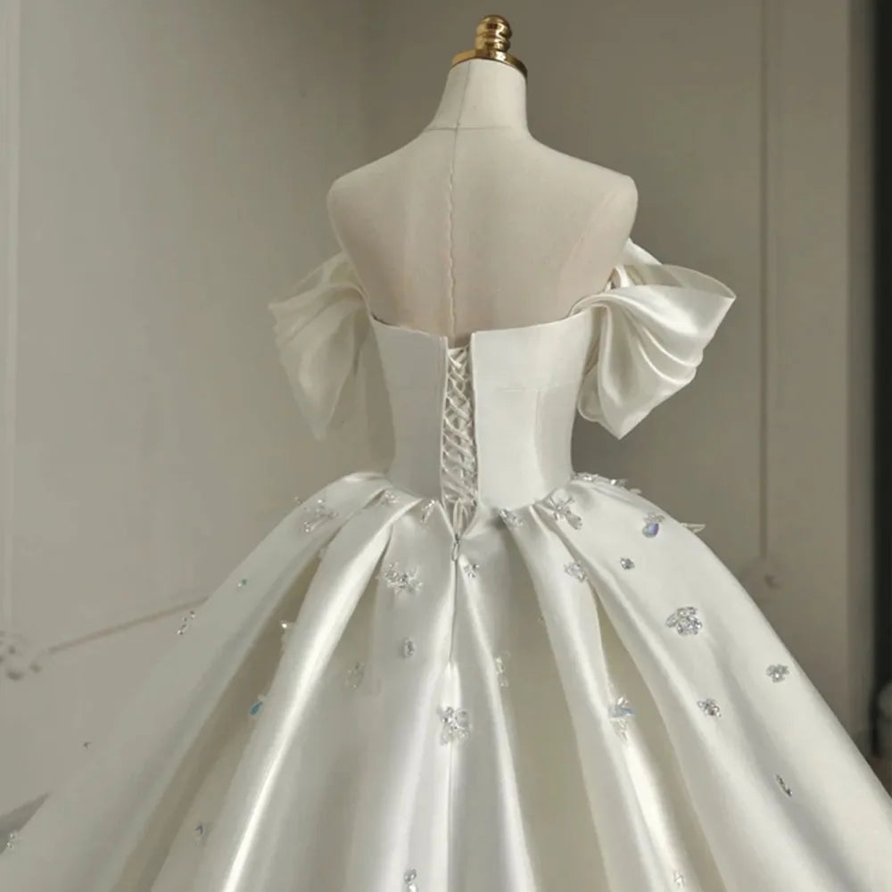 Isabella Off-Shoulder Satin Ball Gown with Crystal Appliqué With Chapel Train - Frimunt Clothing Co.