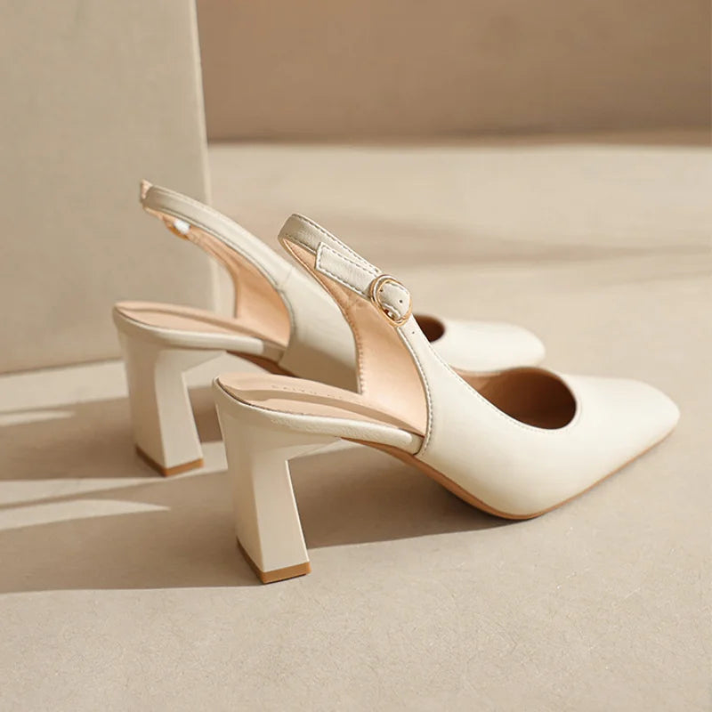 Square Toe Thick Heeled High Heels Women Pumps French Buckle Strap - Frimunt Clothing Co.