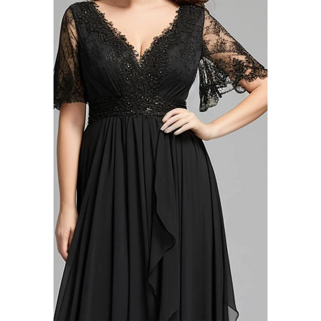 Plus Size Black Chiffon V Neck Flutter Sleeve Lace Maxi Dress - Frimunt Clothing Co.