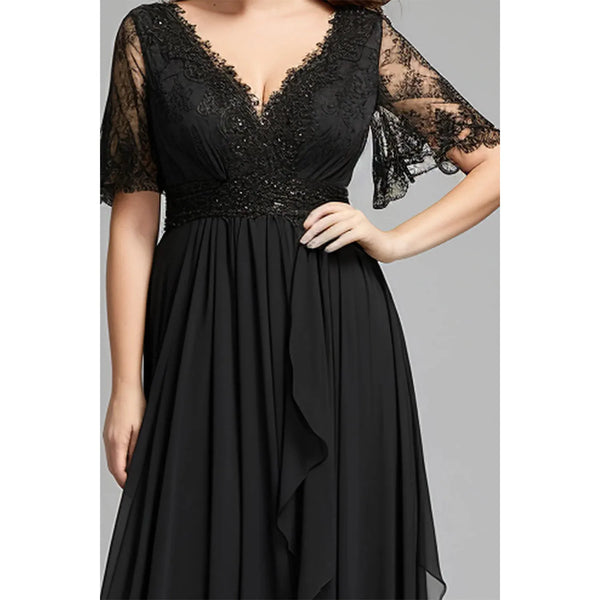 Plus Size Black Chiffon V Neck Flutter Sleeve Lace Maxi Dress - Frimunt Clothing Co.