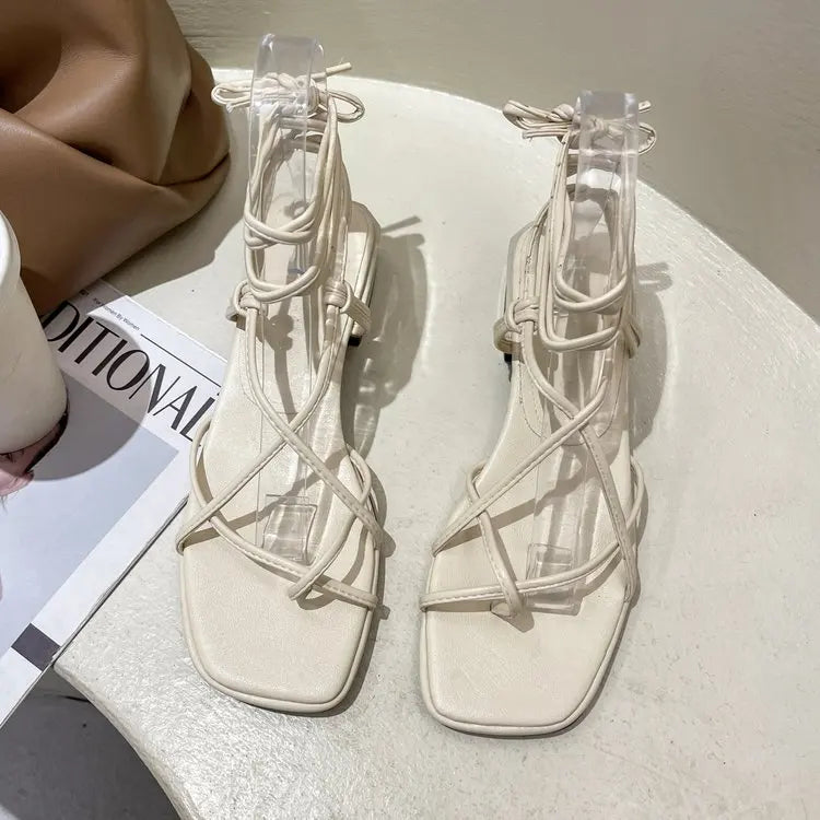 Women's Strappy Leather Low Heel Lace Up Summer Gladiator Sandals - Frimunt Clothing Co.