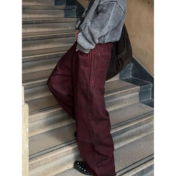 Women's Fall Fashion Burgundy Jeans High Waist Retro American Style Denim Pants - Frimunt Clothing Co.