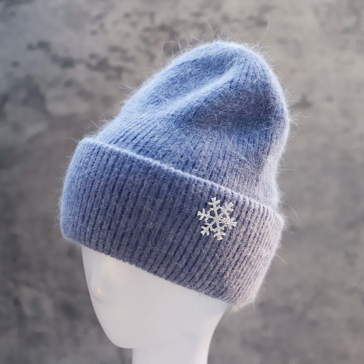 Women's Winter Knit Cuff Hat Real Warm Rabbit Hair Snowflake Pin Solid Colors - Frimunt Clothing Co.