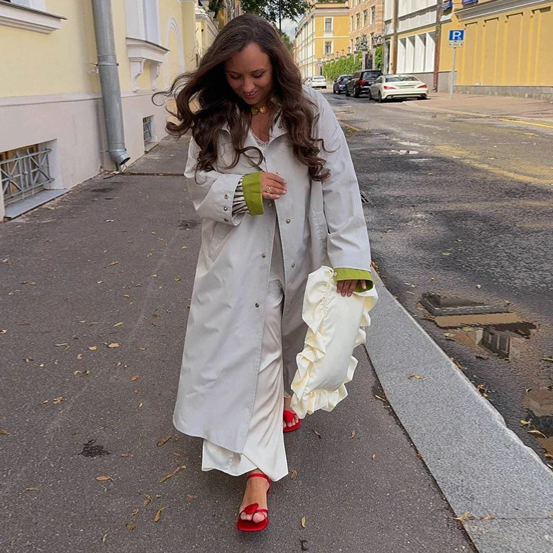Button Front Women's Stand Collar Long Solid Color Trench Coat
