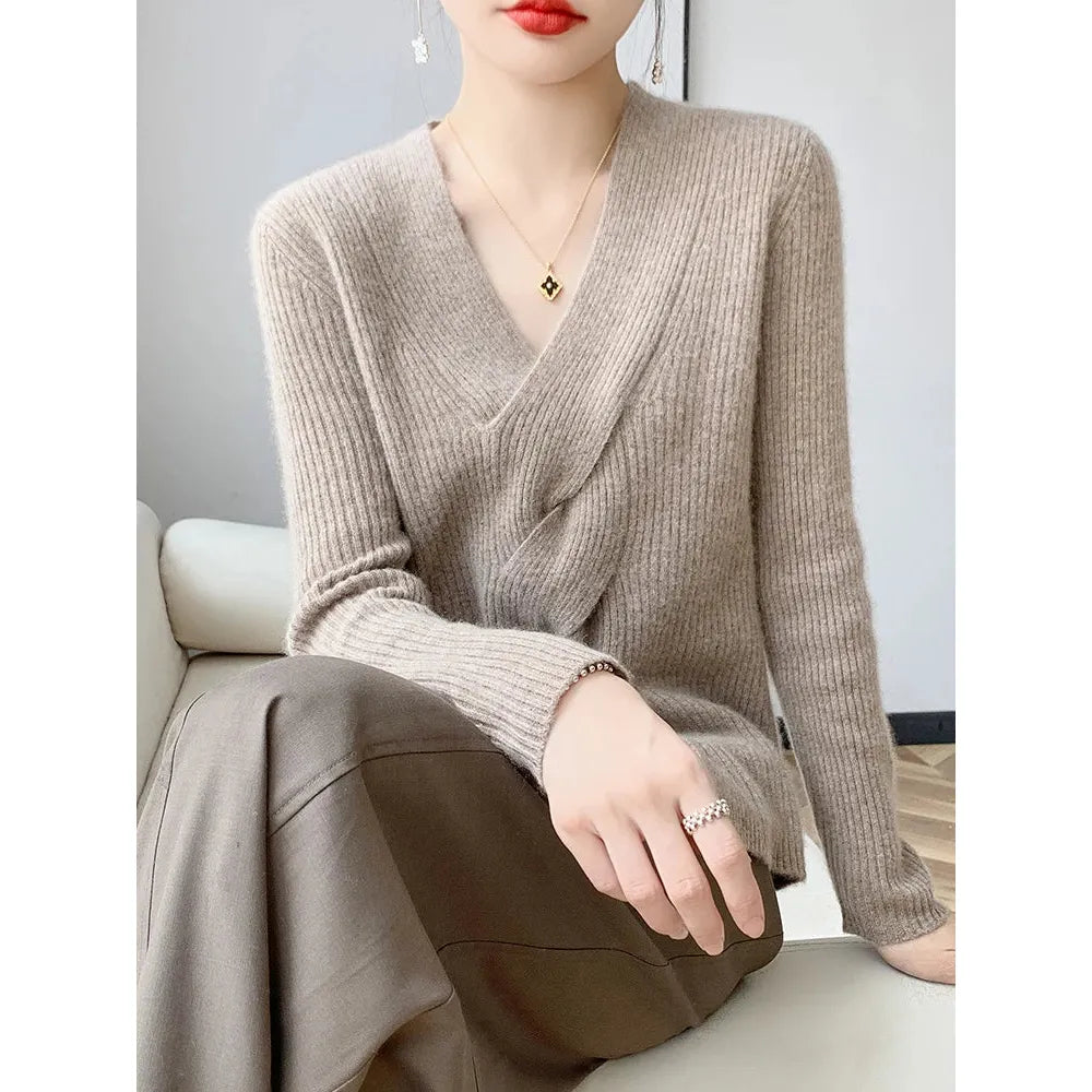 Women's Merino Wool V-Neck Cross Twisted Pullover - Frimunt Clothing Co.