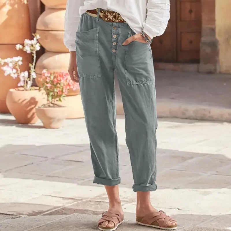 Women's Boho Style Cotton Linen Trousers Loose Fit Solid Color - Frimunt Clothing Co.