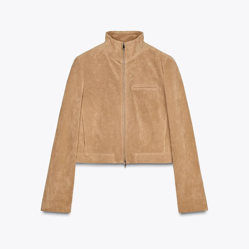 Women's Stand Collar Suede Zippered Short Jackets - Frimunt Clothing Co.