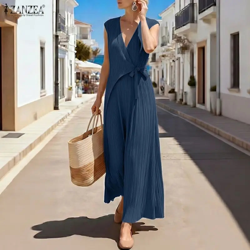 Summer Women Dress V Neck Lace-up Long Maxi Dresses