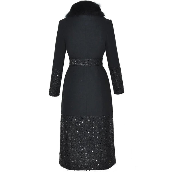 Women's Woolen Thick Coat Removable Fur Collar Strap Waist Glitter Splicing Long Coat
