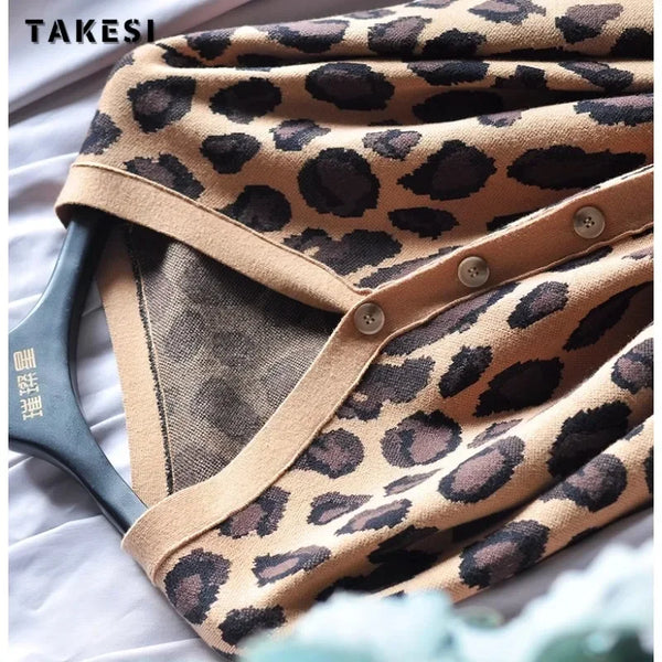 Autumn Vintage Fashion Women's Casual Leopard Knit Cardigan Sweater