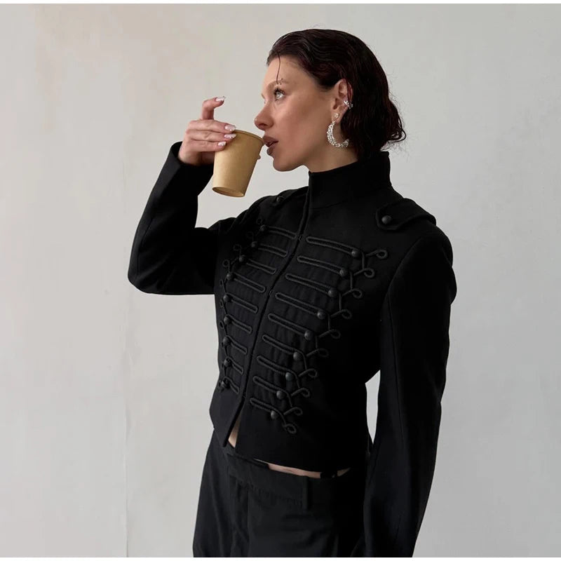 Chic Golden Toggle Button Cropped Jacket Padded Shoulder