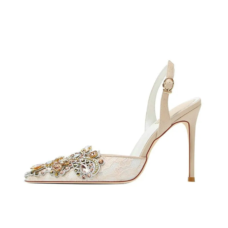 Sandalias de mujer con tiras en la espalda, cristales, punta puntiaguda, tacones altos, zapatos de boda