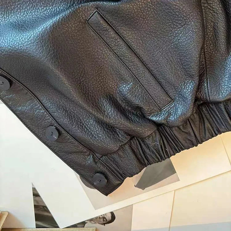 Retro Genuine Leather Short Bomber Jackets for Women Bubble Texture