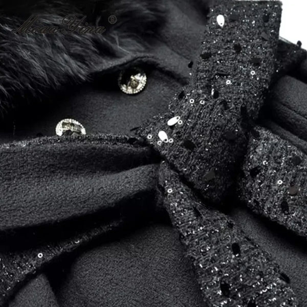 Women's Woolen Thick Coat Removable Fur Collar Strap Waist Glitter Splicing Long Coat
