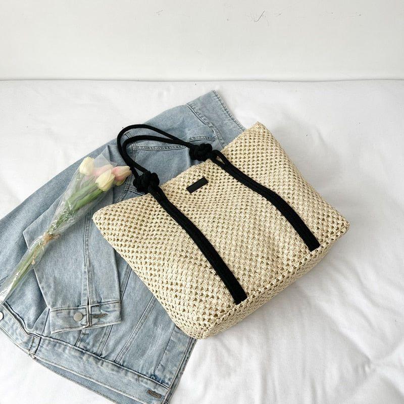 Hand-Woven Natural Straw Beach Tote Handbag Knotted Shoulder Strap Large Capacity - Frimunt Clothing Co.