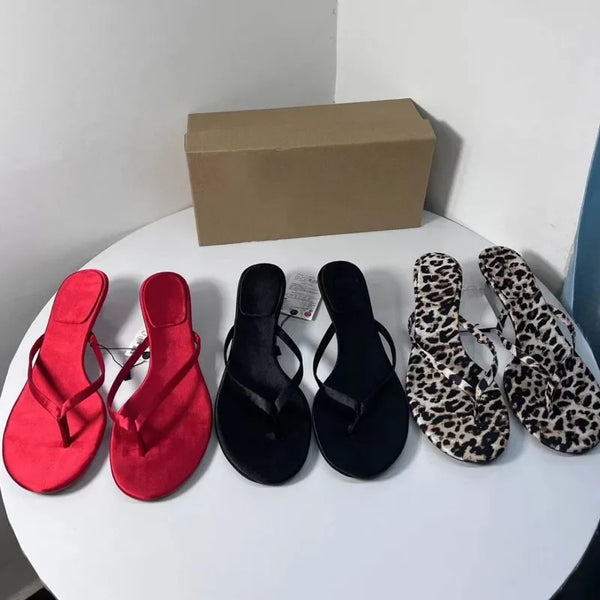 Leopard Print Women Thong Sandals Kitten Heel Slippers