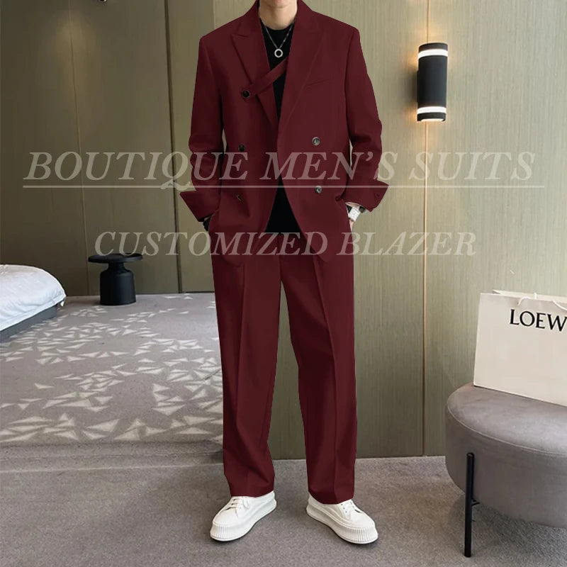 Men Fashion Double Breasted Loose Casual Suits Blazer Wide Leg Pants - Frimunt Clothing Co.