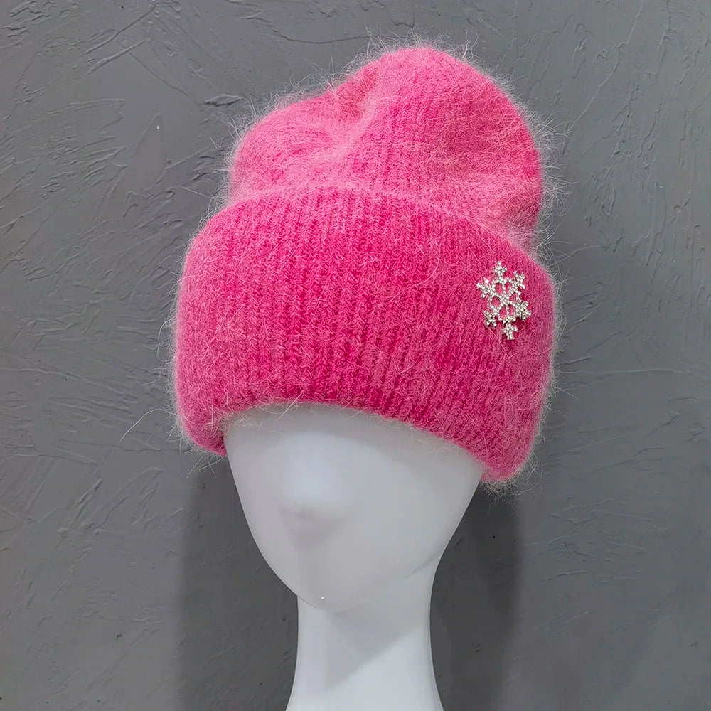 Women's Winter Knit Cuff Hat Real Warm Rabbit Hair Snowflake Pin Solid Colors - Frimunt Clothing Co.