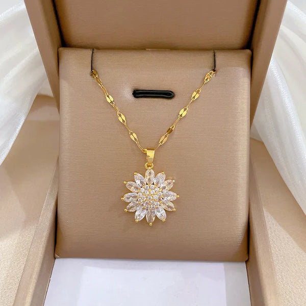 Luxury Zircon Sunflower Pendant Necklace For Women 316L Stainless Steel