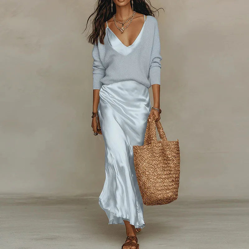 Women V Neck Long Sleeve Knitted Sweater and Satin Long Dress Suit 2026 Spring Solid 2 Piece Outfits