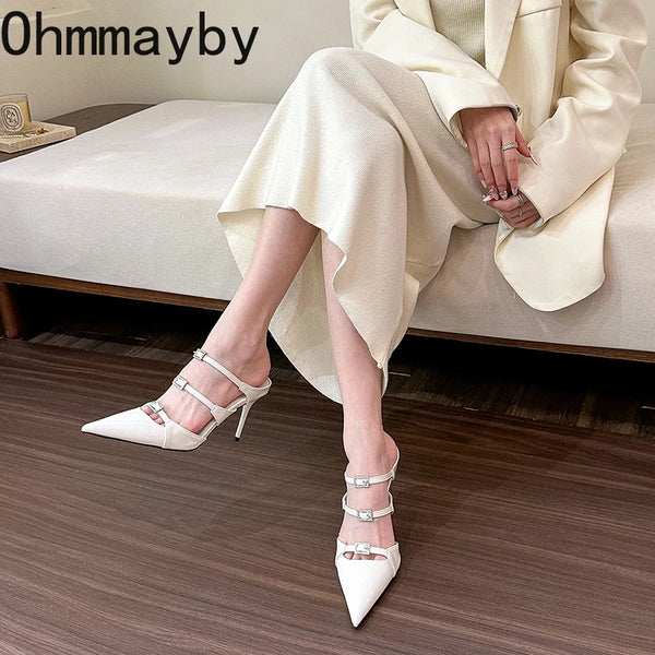 Summer Pointed Toe Women Mules Elegant Crystal Buckles Slide High Heel Shoes - Frimunt Clothing Co.