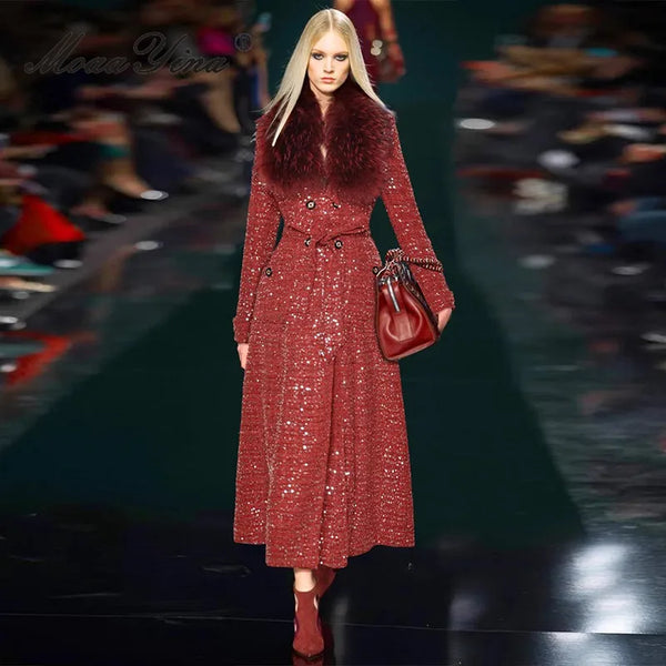 Women's Fur Collar Double Breast Buckle Tie Waist Sequined Long Thick Coat