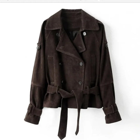 Coffee Color Suede Double Breasted Jacket With Belt