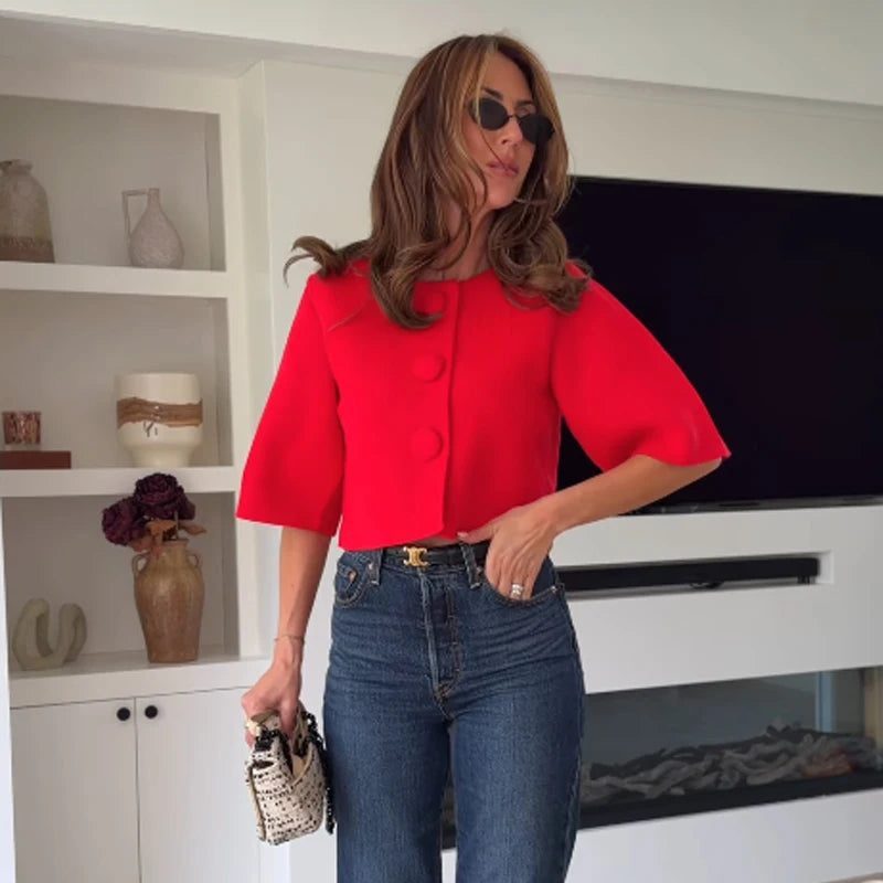Button Knit Crop Top Summer French Sleeve Cardigan