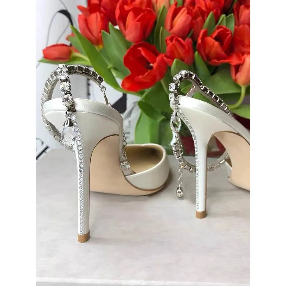 Women's White Satin High Heels Water Diamond Baotou Shoes - Frimunt Clothing Co.