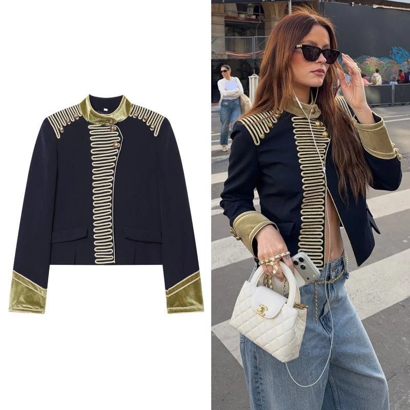 A split image showing a black cropped jacket with gold military-style trim on the left, and a woman wearing the same jacket in an outdoor street setting on the right. 
