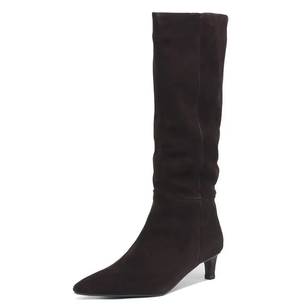 Women's Cow Suede Leather Knee High Boots Pointed Toe Pull On Mid Heels - Frimunt Clothing Co.