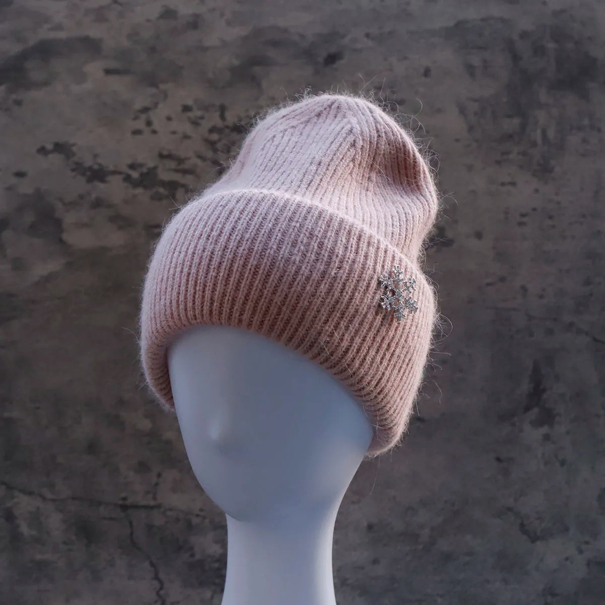 Women's Winter Knit Cuff Hat Real Warm Rabbit Hair Snowflake Pin Solid Colors - Frimunt Clothing Co.