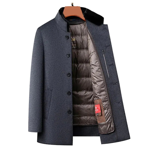 Men's Insulated Wool-Blend Winter Coat Mid-Long Style With Removable Down Filled Liner