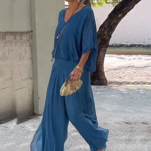 Women's Elegant Spring Chiffon Wide-leg Pants Two-piece Set V Neck - Frimunt Clothing Co.