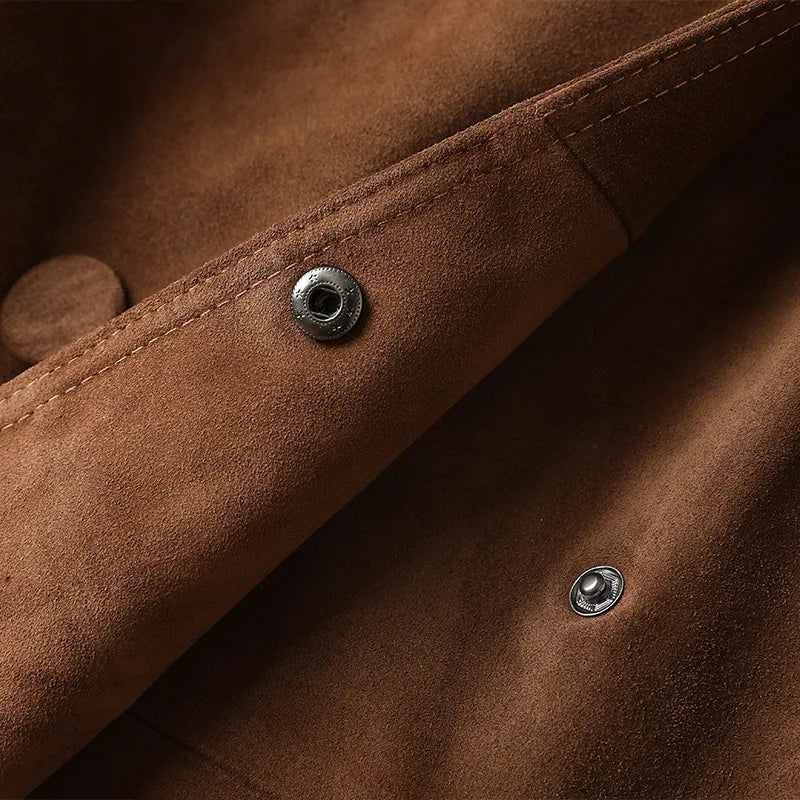 Women's Genuine Leather Suede Long Classic Trench Coat Double Breasted With Belt