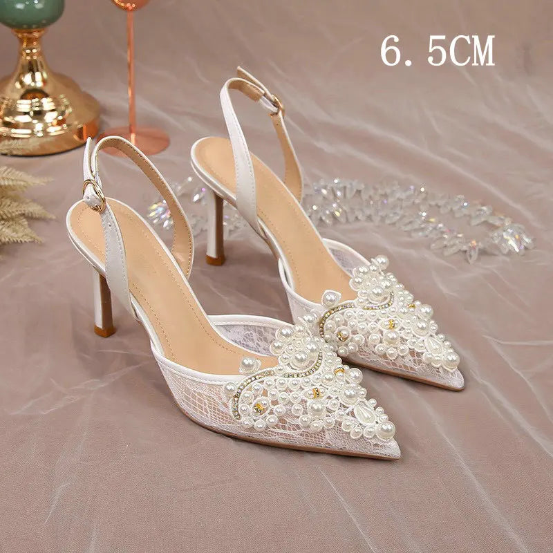 French Lace Wedding High Heels Pearls Bride Shoes - Frimunt Clothing Co.