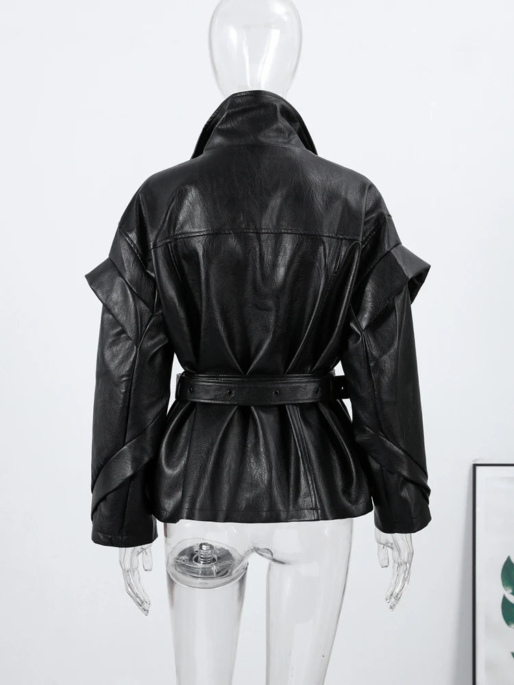 Women's Lace Up Side Zipper Stand Collar Long Sleeve Eco Leather Jacket