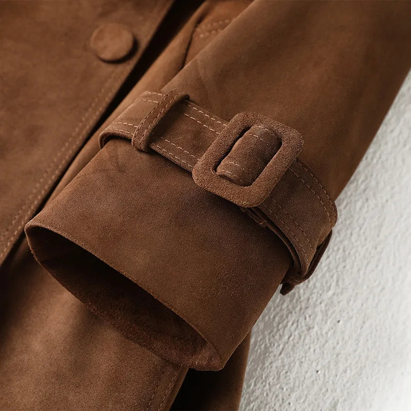 Women's Genuine Leather Suede Long Classic Trench Coat Double Breasted With Belt