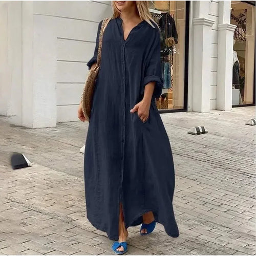 Summer Buttoned Front Oversize Long Dress With Pockets - Frimunt Clothing Co.
