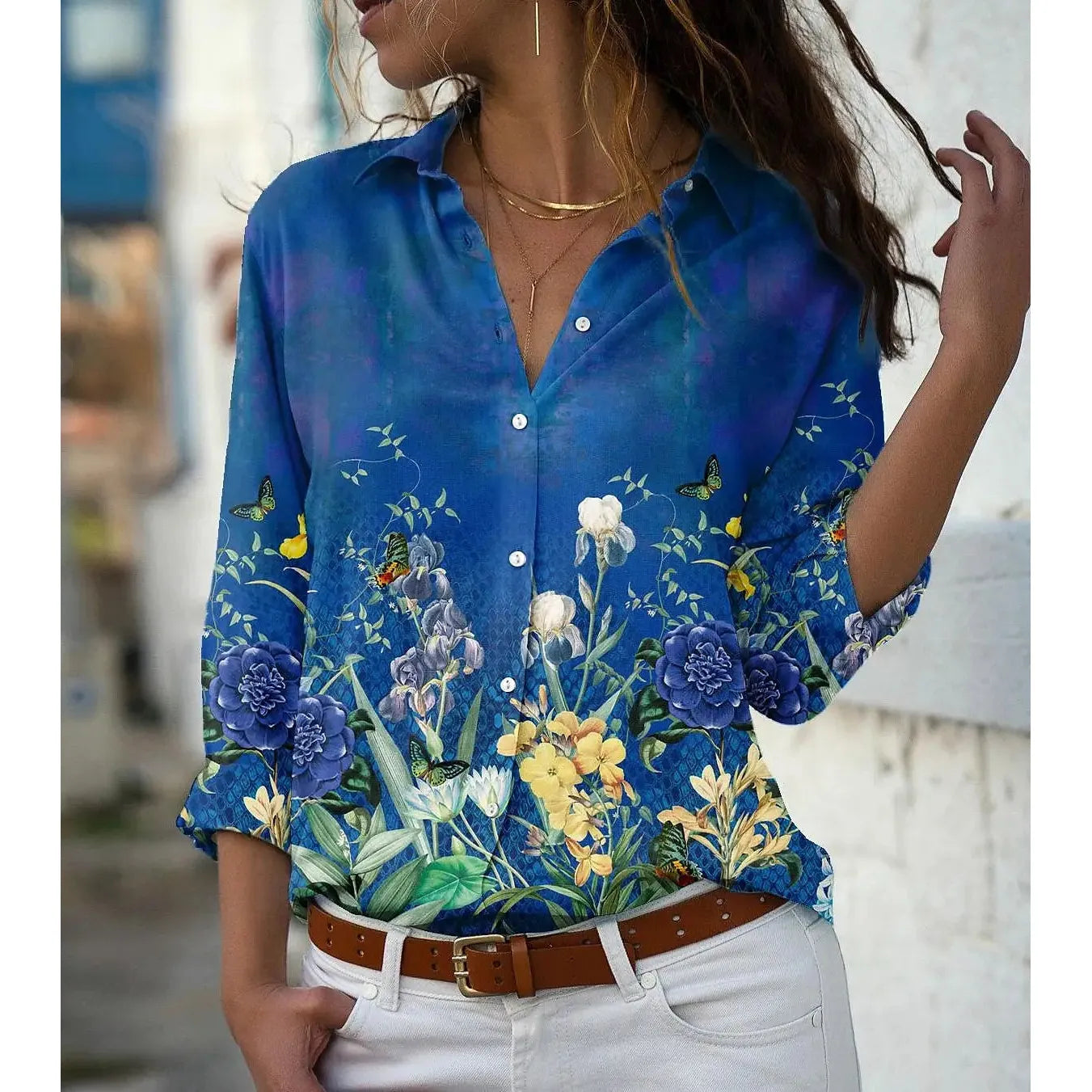 Women Casual Elegant Loose Long Sleeve Floral Shirts - Frimunt Clothing Co.