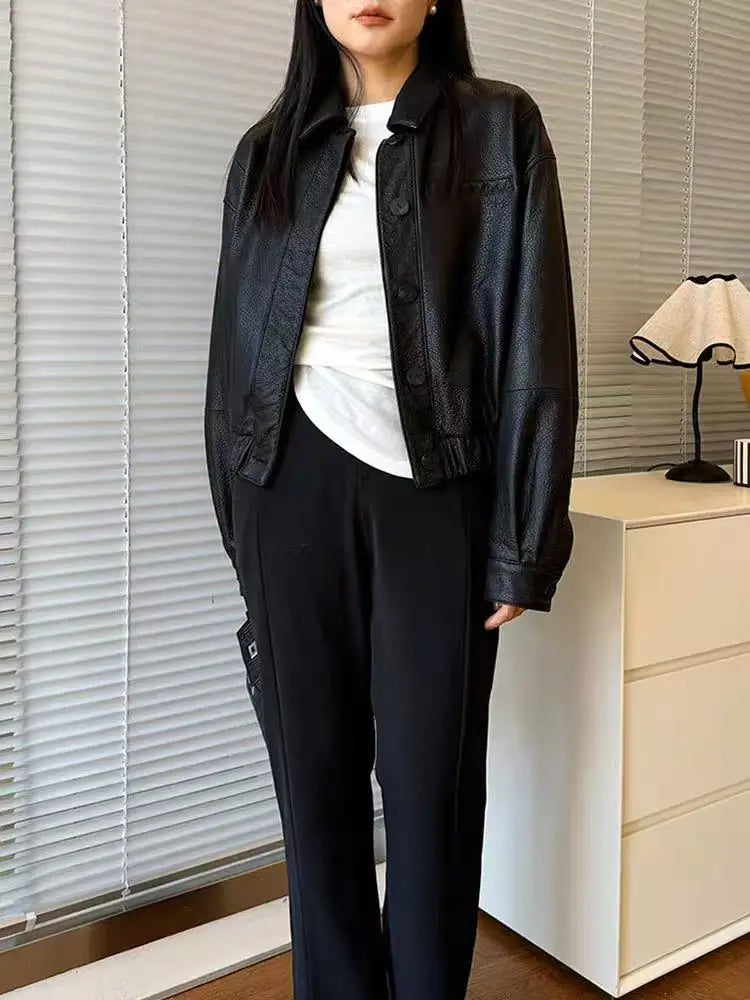 Retro Genuine Leather Short Bomber Jackets for Women Bubble Texture