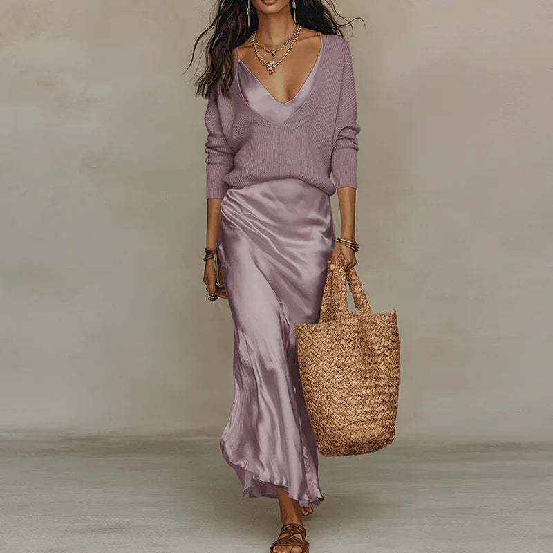 Women V Neck Long Sleeve Knitted Sweater and Satin Long Dress Suit 2026 Spring Solid 2 Piece Outfits