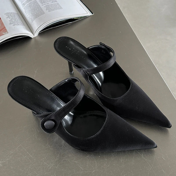 Women's High Heels Pointed Toe Silk Mules - Frimunt Clothing Co.