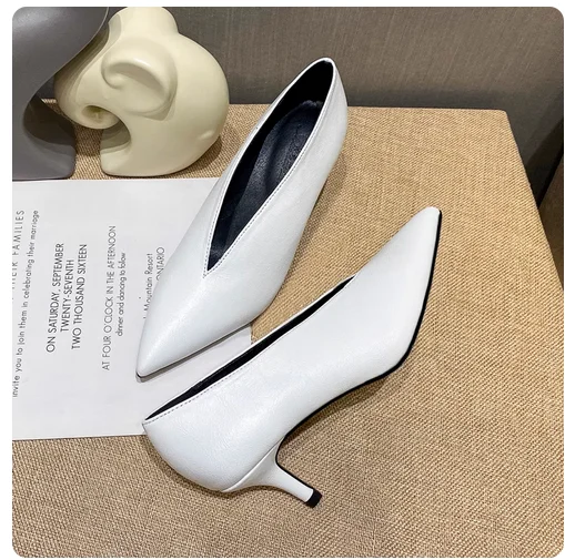 Pointed Toe Leather  V Cut Pump Kitten Heel or Chunky Heel Shoes